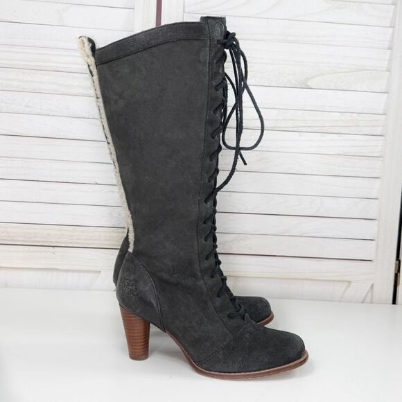 Ugg Camille Oil Rubbed Leather Lace Up Knee High Heeled Boots Black 6.5 5488 - Picture 2 of 13